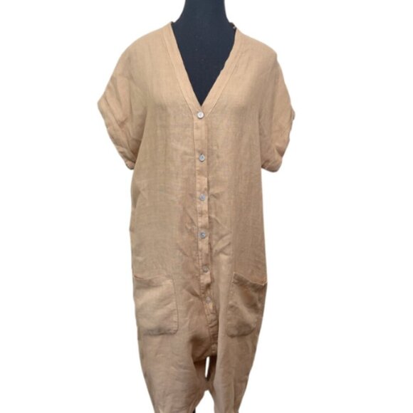 made in italy Pants - Made In Italy Womens Medium Linen Vneck Button Tan Romper